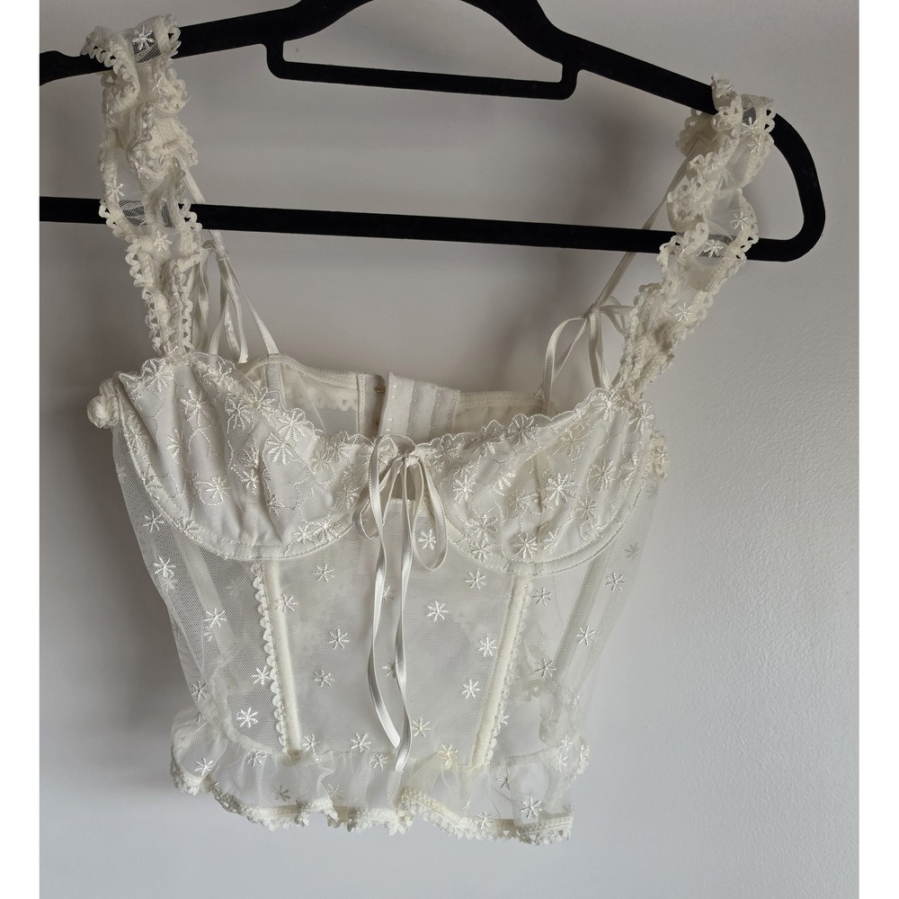 Out From Under Corset Top S White Floral Sleeveless Blouse Bustier Shirt
